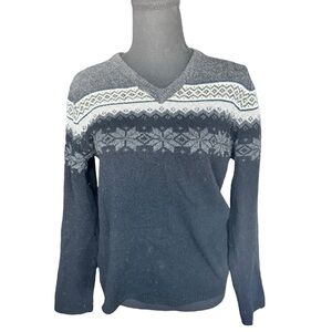 GAP 100% Lambswool Fair Isle Men’s Snowflake V-Neck Sweater M Gray Black Winter